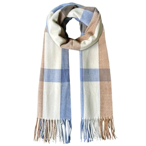 Bseical Women's Winter Scarf, Elegant Long Scarf Tartan Warm Soft Colourful Elegant Winter Shawl with Fringes, B-blue, 65x200 cm