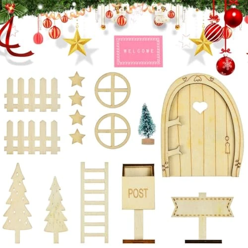 Tijdelijke aanbieding: Eenvoudige elfdeurset, kabouterset, kerstkabouter, accessoires, miniatuur kabouter, accessoires, Kerstmis, complete houten kabouter, knutselset, accessoires voor geschenken (16 stuks) van 6.99 EUR naar 6.99 EUR (korting 0%)