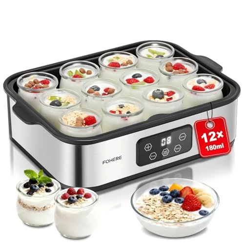 Offerta a tempo: FOHERE Yogurtiera Elettrica con LCD Display, 12 Vasetti da 180 ml in Vetro, Timer 48 Ore e Controllo Costante Della Temperatura, BPA Free, Yogurt Greco, Ideale per Yogurt Fatti In Casa - 29% da 69.99 € a 49.99 €