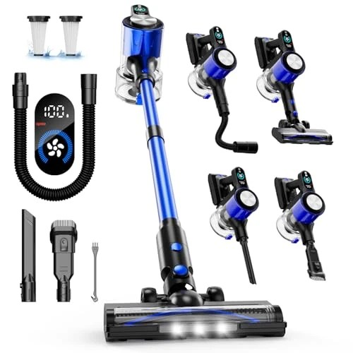 Kabelloser Staubsauger, Staubsauger mit wiederaufladbarem Akku, 500 W/50 kPA, 3 Modi, 2 Filter, verhedderungsfrei, LED-Display, kabelloser elektrischer Besen mit mehreren Bürsten, Tierhaaren, Boden