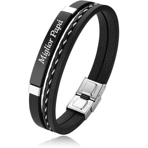 Generico Bracciale Uomo Personalizzato con Nomi Incisi – Pelle Intrecciata e Acciaio – Idea Regalo per Lui – CollanaDream (Nero)