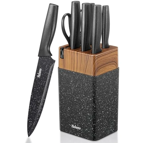 Offerta a tempo: Yabano Set Coltelli da Cucina 7 Pezzi con Ceppo in Plastica e Affilatore Integrato, Lame Antiaderenti e Antiruggine in Acciaio Inox (Maculato) - 19% da 34.99 € a 28.25 €