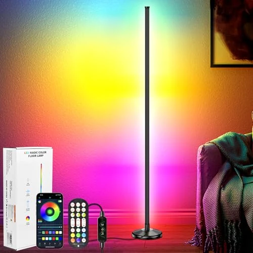 NIKYJM LED Stehlampe Wohnzimmer 145cm RGB Stehlampe Dimmbar Standleuchte LED Ecklampe mit Fernbedienung und APP 16 Millionen Farben 300 Szenenmodi Musikmodi DIY-Modus für Wohnzimmer Wohnzimmer Büro