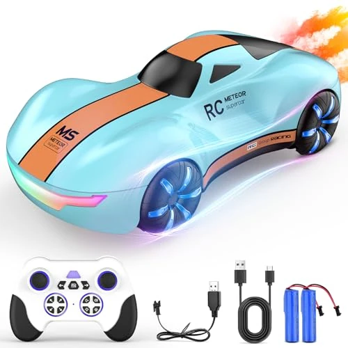 Dorkimn Coche teledirigido 1:16, 2,4 GHz, coche teledirigido 4WD RC con luces LED y spray, dos baterías, coche de carreras teledirigido a partir de 6 7 8 9 10 11 12 años