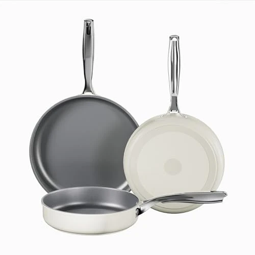 Limited-time offer: Koch Kode Ceramic Non-Stick Frying Pan Set, 3 Pieces, 20 cm, 24 cm, 28 cm with Stainless Steel Handles, Induction Cookware Set, Dishwasher Safe, Gas and Oven Compatible, Beige from 69.53 GBP to 69.53 GBP (save 0%)