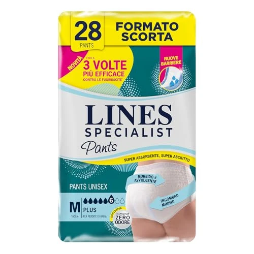 Lines Specialist Pants Plus Unisex, Mutande Assorbenti per Incontinenza Donna e Uomo, Asciutto Lampo e Massima Protezione, Zero Odore, Taglia M, Confezione da 28 Pezzi