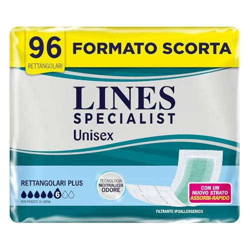 Offerta a tempo: Lines Specialist Pannoloni Rettangolari, Pannoloni per Incontinenza Donna e Uomo, Asciutto Lampo, Tecnologia Neutralizza Odore, Assorbenza Plus, Taglia Unica, Scorta da 96 Unità - 50% da 31.64 € a 15.96 €