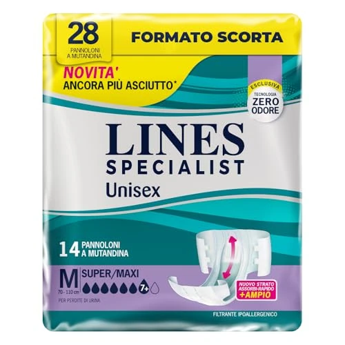 Offerta a tempo: Lines Specialist Unisex Pannoloni a Mutandina Super Maxi, per Incontinenza Donna e Uomo, Asciutto Lampo e Ottima vestibilità, Zero Odore, Taglia M, 2 Confezioni da 14 Unità - 41% da 27.05 € a 15.99 €