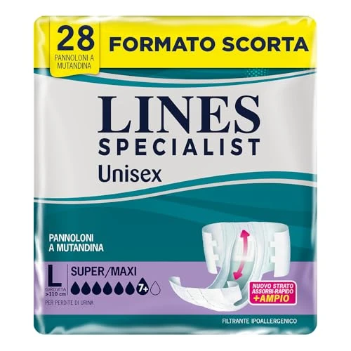 Offerta a tempo: Lines Specialist Unisex Pannoloni a Mutandina Super Maxi, per Incontinenza Donna e Uomo, Asciutto Lampo e Ottima vestibilità, Zero Odore, Taglia L, 2 Confezioni da 14 Unità - 23% da 26.63 € a 20.50 €