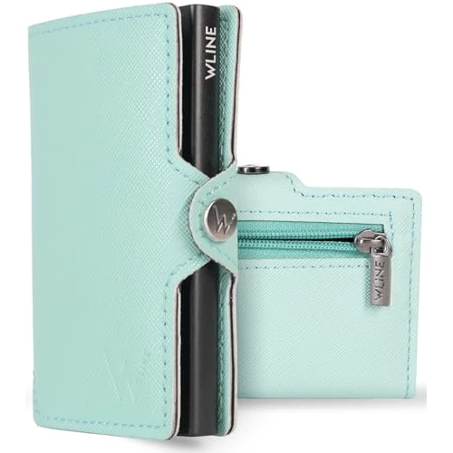 WLine Slim Herren-Geldbörse mit RFID-Geldbörse, kompakt und elegant, Kreditkartenetui für Herren und Damen, geschirmt, aus PU-Leder – Kartenhalter für Herren, Türkis und Saffiano-Schwarz, Con Zip