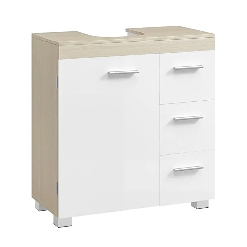 Offerta a tempo: VASAGLE Mobile Sottolavabo per Bagno, Mobiletto da Bagno, 3 Cassetti Laterali, 2 Scomparti dietro l'Anta, Piedini, 30 x 60 x 64 cm, Bianco Nuvola e Beige Naturale BBK514LL01 - 15% da 59.99 € a 50.99 €