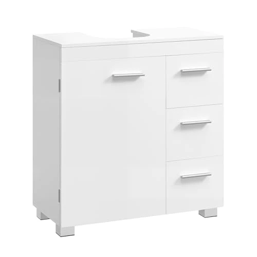 VASAGLE Under Sink Bathroom Cabinet, Storage Cabinet with Feet, 3 Drawers, 2 Compartments Behind the Door, for Washbasins with Pedestal, 30 x 60 x 64 cm, Cloud White BBK514WB01