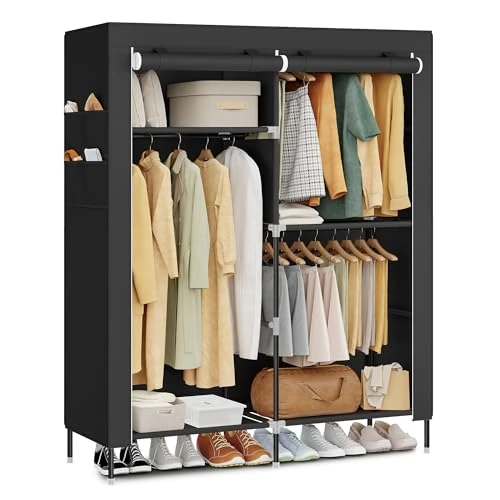 SONGMICS Armario de Ropa de Tela para Dormitorio, Armario Portátil con Barras para Colgar, Baldas y Bolsillos Laterales, Gran Capacidad, 3 Zonas para Colgar Ropa, 45 x 127 x 180 cm, Negro RYG010BZ02