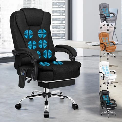 ALFORDSON Ergonomic Office Chair, Desk Chair with Heat Massage Function, Linen Fabric Computer Chair with Padded Armrests and Soft Headrest, Swivel Chair with Wheels, Black