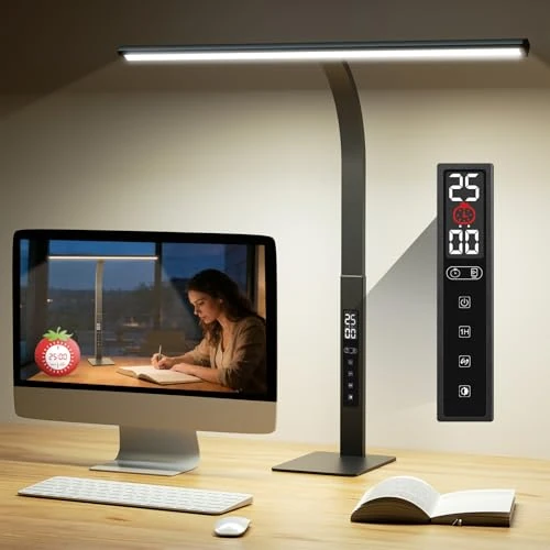 Lampada da scrivania a LED dimmerabile con timer di pomodori: lampada da lettura da tavolo con orologio da scrivania, 1600 lumen, touch a 5 livelli, illuminazione dimmerabile, 5 modalità, 3000 K-6000