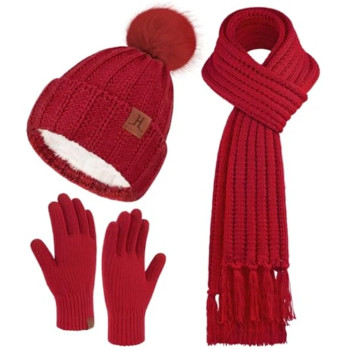 ZASFOU Gorro de invierno para mujer, bufanda para pantalla táctil, juego de guantes térmicos, gorro de punto, gorro de invierno con pompón, bufandas largas, bufanda de invierno, guantes de invierno