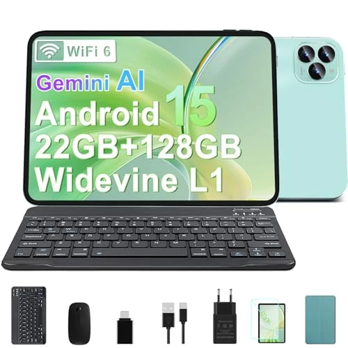 GOODTEL Tablette Tactile Android 15 Octa-Core, 22 Go (8Go + 14Go) + 128 Go ROM（2TB TF）, 5G + 2,4 G WiFi, GMS, Bluetooth 5.0, Paly Store, Support de Carte SD, Tablette avec Clavier et Souris - Vert