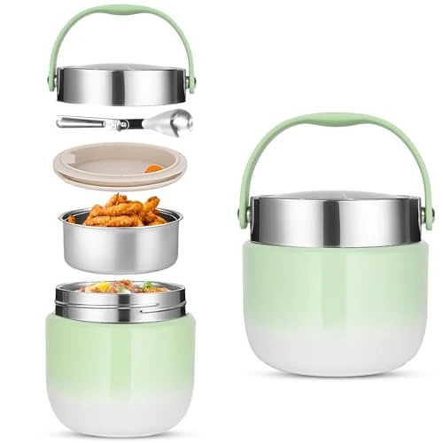 Offerta a tempo: Contenitore Termico per Alimenti 1200 ml,Thermos per Alimenti Porta Pappa,ciotola termica con coperchio con cucchiaio pieghevole,Adatto per la conservazione di farina,zuppa,pranzo,formaggio (Verde) - 0.00% da 16.99 € a 16.99 €