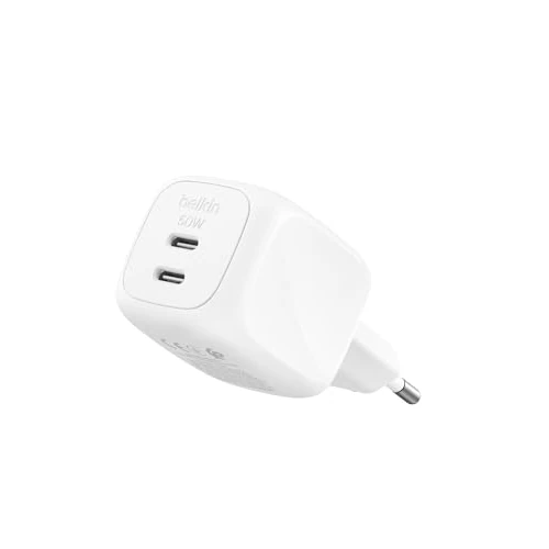 Belkin USB Ladegerät 2 Port, 50W, GaN Ladegerät mit 2 USB-C-Anschlüssen, Schnellladen für USB C Geräte wie MacBook, iPhone 17, iPad Pro, Chromebook, Galaxy S25 Ultra, Pixel 10 – Reisezubehör – Weiß