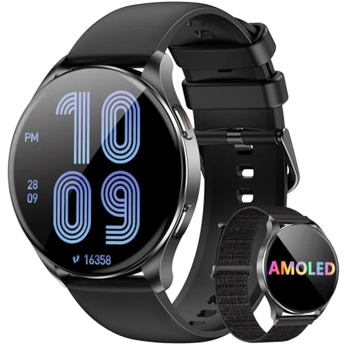 Blackview Smartwatch Herren Damen, AMOLED-Bildschirm, Virtuelle Always-On-Uhr, tätigen/empfangen, Sportuhr mit Puls-Schlaf-SpO2-Schritte-Kalorien-Kilometer, 2 Armbänder (Silikon/Nylon),für Android iOS