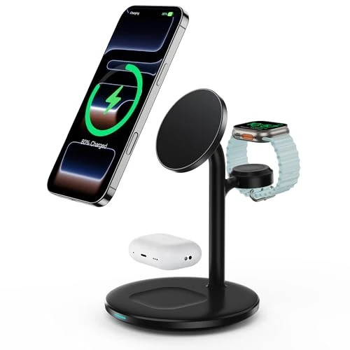 RoRoSkin Stazione di ricarica 3 in 1 per più dispositivi, stazione di ricarica induttiva da 15W, supporto di ricarica Mag Safe per iPhone 16 15 14,iWatch Ultra 2/1,Series 9,AirPods,caricatore Mag Safe