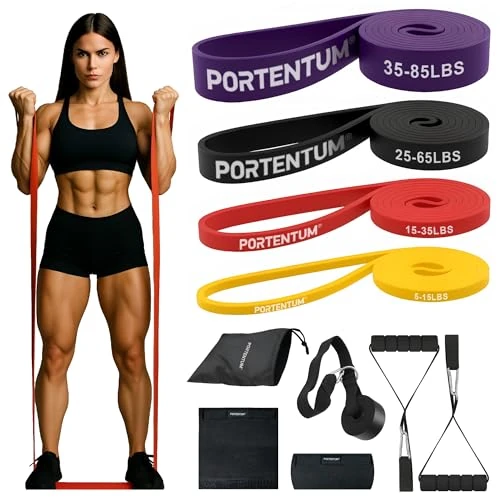 Tijdelijke aanbieding: PORTENTUM Elastische spierrubbers, set van 10 weerstandsbanden, 4 intensiteitsniveaus, handgrepen, deuranker, afdekkingen en tas, fitnessstudio thuis voor mannen en vrouwen, krachttraining, crossfit van 30.98 € naar 30.98 € (0.00% k