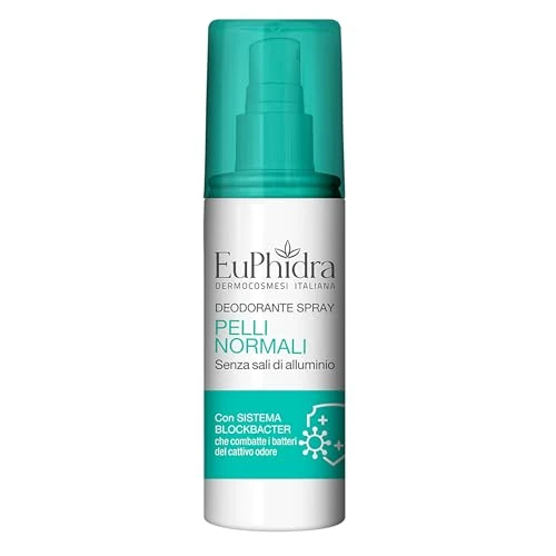 Euphidra, Deodorante Spray 100 ml per Pelli Normali, con Blockbacter Antimicrobico, Invisibile, Senza Sali di Alluminio, Fragranza Agrumata Unisex, Dermatologicamente Testato