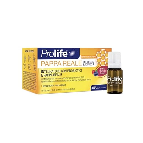Prolife Pappa Reale Ripresa e Difesa, 10 Flaconcini da 8 ml, Integratore con Fermenti Lattici Vivi, Vitamine B12 e D, Pappa Reale e Miele, Certificato Probiotico CSQA