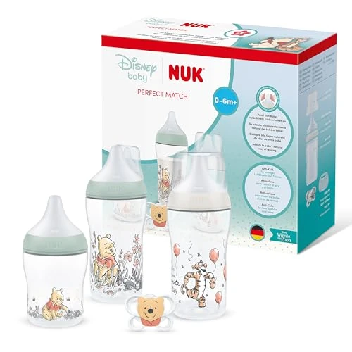Oferta limitowana: NUK Perfect Match Zestaw butelek i smoczka dla niemowląt | 0-6 miesięcy | 3 x butelki antykolkowe (150 ml, 260 ml), 1 x smoczek Perfect Match Air | Disney Kubuś Puchatek | 4 sztuki z 122.60 zł na 122.60 zł (oszczędź 0.00%)