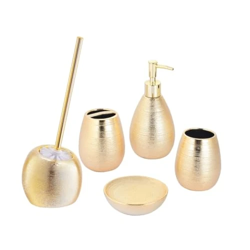 BM Juego de accesorios de baño de cerámica de color dorado dorado dorado, juego de accesorios de baño completo de 4 piezas, dispensador, portacepillos de dientes, jabonera y portacepillos