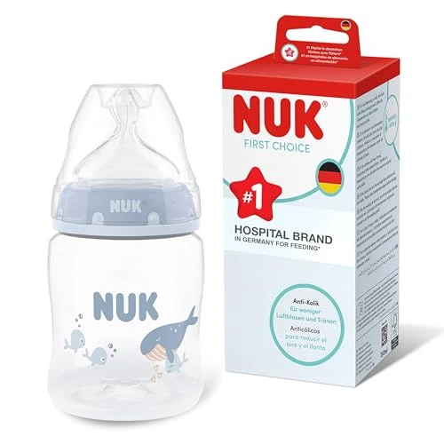 NUK First Choice Biberón | 0+ meses | 150 ml | Biberón anticólicos | PP | Indicador de control de temperatura | Ballena | 1 unidad