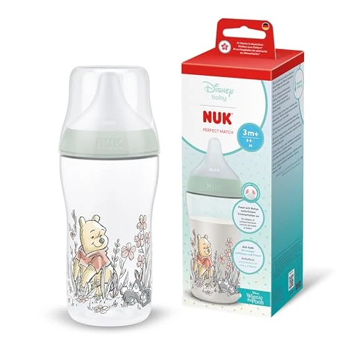 NUK Perfect Match Biberón | 3+ meses | 260 ml | Biberón anticólicos | PP | Indicador de control de temperatura | Disney Winnie the Pooh | 1 unidad