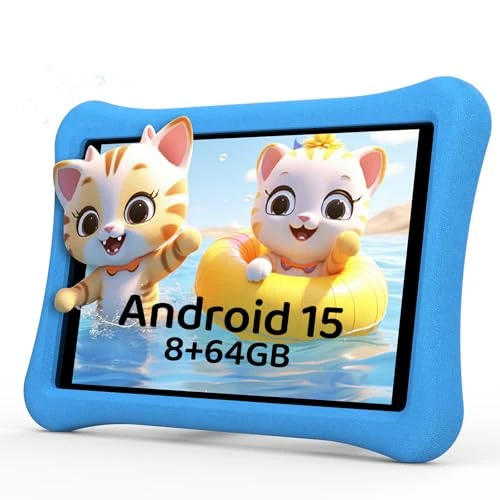AWOW Children's Tablet 10 Inch Android 15 with 8 GB RAM + 64 GB ROM (TF 1TB), Wi-Fi 6 2.4G/5G, Octa-Core, Widevine L1, Child Lock, 6000 mAh, BT 5.0, GMS Certified Kids Tablet with Case - Blue