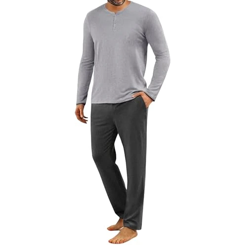 Limitiertes Angebot: Uniexcosm Schlafanzug Herren Lang Zweiteiler Herbst Winter Pyjama Set Baumwolle Rundhals Oberteil mit Knöpfen und Pyjamahose Schlafanzüge für Männer Hellgrau M von 19.99 EUR auf 19.99 EUR (Spare 0%)