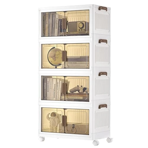 Offerta a tempo: SONGMICS Contenitori 4 Livelli, Organizer Armadio con Coperchio, Scatole Plastica Impilabili con Ruote, Sportello Magnetico, Bianco, 45 L per Cesto, 180 L in Totale RLB450WZ01 - 15% da 39.99 € a 33.99 €
