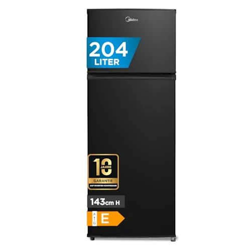 Midea MERT210FGE30 Réfrigérateur Congélateur à Deux Portes, 204L, Congélateur pour Montage en Haut, 176kWh/an, Contrôle de la Température Réglable, Lumière LED, Noir