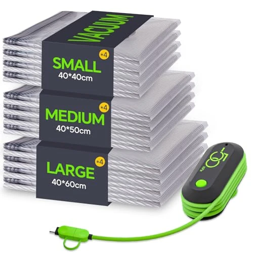 Vacbird Vacuum Bags for Clothes with Electric Pump, Pack of 12 (4 x 40 x 40, 4 x 40 x 50, 4 x 40 x 60), Space Saving Vacuum Bags Clothes, Suitable for Travel, Bedding, Moving, Daily Storage