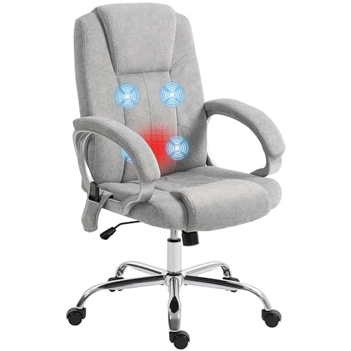 HOMCOM Massagestoel, 4 punten, vibrerend en verwarmend, bureaustoel met schommelfunctie, fluwelen bureaustoel met armleuningen en verstelbare hoogte voor studio, grijs