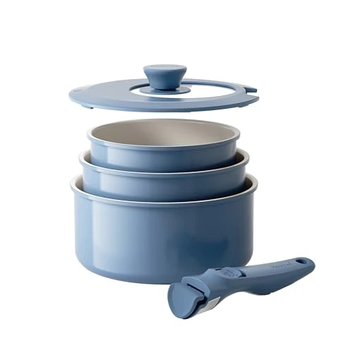 Redchef Saucepan Set with Removable Handles, Non-Stick Ceramic Pot Set 16/18/20 cm and 3-in-1 Locking Lid, Induction Cooking Pots for All Types of Cookers, Oven-Safe, Blue