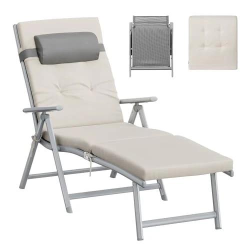 SONGMICS Lettino Prendisole, Pieghevole, Sedia a Sdraio con Materassino da 6 cm, Poggiatesta Rimovibile, Traspirante, Schienale Regolabile, Portata Fino a 150 kg, Beige Sabbia GCB024WZ02