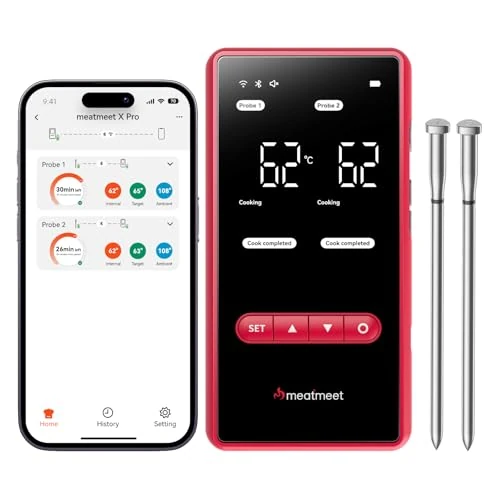Offerta a tempo: Meatmeet X Pro Termometro per Carne con Wi-Fi e Bluetooth, 2 Sonde 6 Sensori, Impermeabile IP69​, resistenza a 582 °C, Ideale per BBQ, Grigliate, Affumicatori, Forni, Cucina - 8% da 129.99 € a 119.98 €