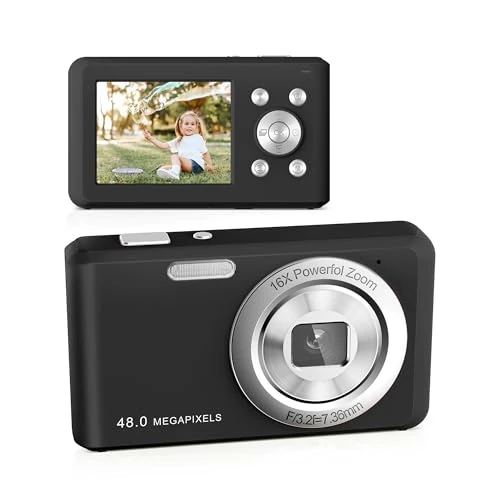 Digitalkamera,HD 1080P Fotokamera Kompaktkamera mit 32GB Karte, 48MP Fotoapparat 2,4 '' LCD 16X Digital Zoom Wiederaufladbare Digital Kamera für Kinder, Mädchen,Teenager, Jungen, Anfänger(Schwarz)