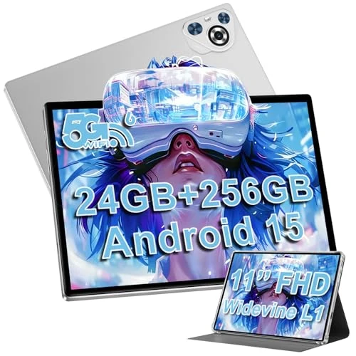 Tablet 11 Zoll Android 15 mit 24 GB RAM + 256 GB ROM (TF 1 TB), Face ID, Widevine L1, Octa-Core 2.0 GHz, 5G WiFi 6, GPS, 8000 mAh, HD 1280 x 800, Bluetooth 5.0, 13 MP + 5 MP, Tablet mit Hülle – Silber