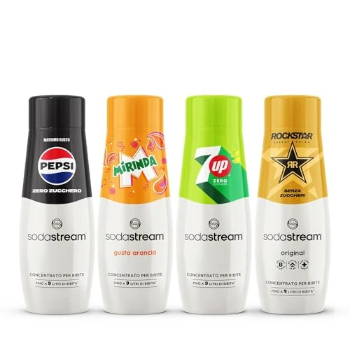 Offerta a tempo: Sodastream 4 Concentrati Pepsi Max + Mirinda + 7up Free + Rockstar Zero ideali per realizzare rapidamente 9 litri di bevanda - 34% da 27.99 € a 18.47 €