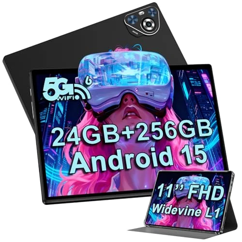 Offerta a tempo: Tablet 11 Pollici Android 15 con 24GB RAM +256GB ROM (TF 1TB), Face ID, Widevine L1, Octa-Core 2.0 GHz, 5G WiFi 6, GPS, 8000mAh, HD 1280 x 800, Bluetooth 5.0, 13MP+5MP, Tablet con Custodia - Nero - 30% da 199.97 € a 139.99 €