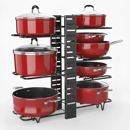 ICQK Adjustable Pot Lid Organizer, 8 Compartments, 3 Possible Configurations, Drawers, Wardrobe, Adjustable Dividers, Non-Slip, Vertical or Horizontal, Pan Organizer