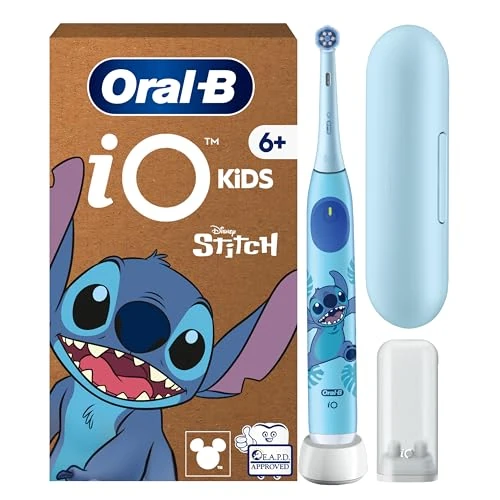 Oral-B iO Kids 6+ Disney Stitch elektryczna szczoteczka do zębów, dla dzieci od 6 lat, w zestawie 1 szczoteczka, etui podróżne, timer muzyczny i 3 tryby czyszczenia zębów — niebieska