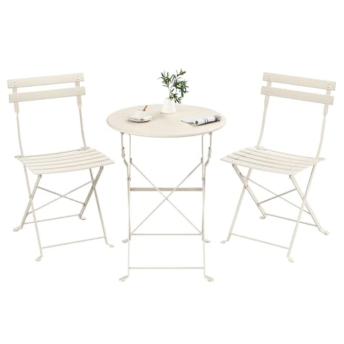 SONGMICS Juego de Jardín de Exterior, 3 Piezas, 2 Sillas y 1 Mesa, Plegable, Salón de Exterior, Acero, Resistente a la Intemperie, para Balcón, Terraza, Beige Capuchino GGF036LZ01