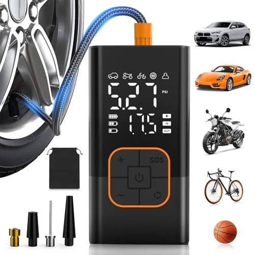 Electric air pump, cordless electric tyre pump & bicycle pump with digital pressure gauge (150 PSI), dual value display, LED light, portable bicycle pump for car/bicycle/motorbike/ball