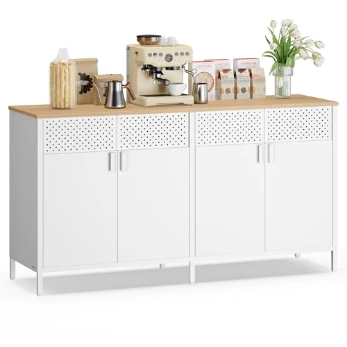 SONGMICS Mobiletto Contenitore, Credenza in Metallo, 4 Ante con Chiusura Magnetica, Ripiani Regolabili, Struttura in Acciaio, 40 x 141 x 76 cm, Bianco Nuvola e Beige Rovere LSC205WC01